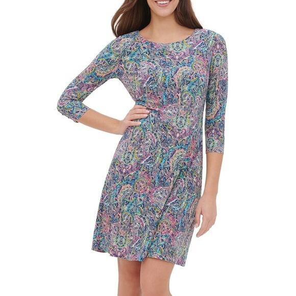 TOMMY HILFIGER | Multicolor Paisley Knit 3/4 Sleeve Knee Length Dress | 4 - Picture 1 of 7
